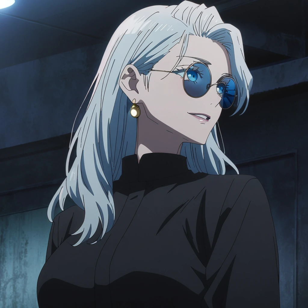 1girl, female gojo satoru, anime screencap from jujutsu kaisen, gojo satoru female version, solo, long_hair, ((Blue eyes, round sunglasses)) ((Silver_hair, hair over ear from one side))((slicked hair)) , night view, (hanging breasts) upper_body, smile, indoors, parted lips, (long hair) ((wearing black colour outfit, glossy)) breast, "very detailed and high resolution" (Blue eyes, round sunglasses) ((solo)) (((front view))) (earings) ((high resolution)) ((good quality)) ((silky hair, hair over ear from one side))((hair slicked)) ((parted lips)) ((full body))