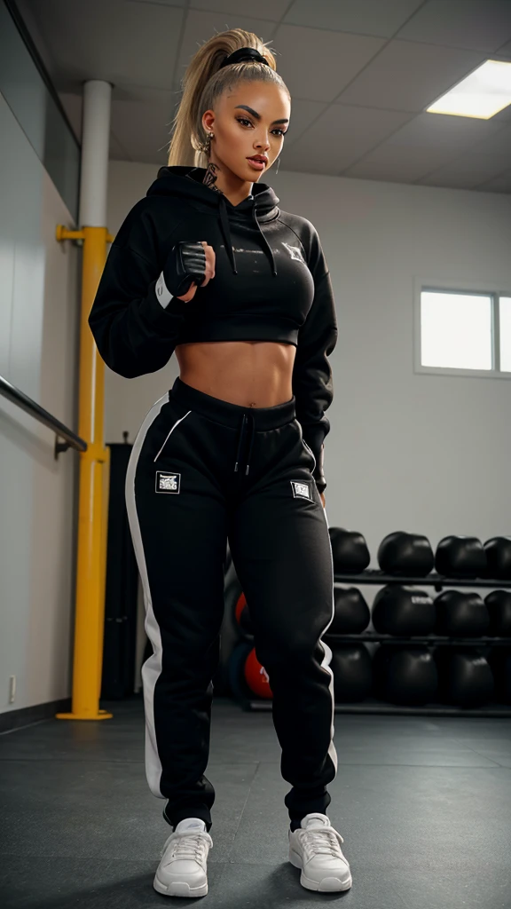 Alisha Lehmann skinny sexy model,She is wearing big oversized baggy black hoodie big sweatshirt covering her breasts and stomach and big high waist oversized big baggy black sweatpants boxing gloves,in a gym she has small sexy breasts,skinny sexy thighs black hair ponytail with bangs,big silver hooves earrings black gloves, sneakers ,full body view, walking black hair skinny girl oversized big hoodie, oversized big sweatpants boxing gloves, punching gloves  looking into the camera big oversized pants big sweatshirt wearing boxing gloves no tattoos 