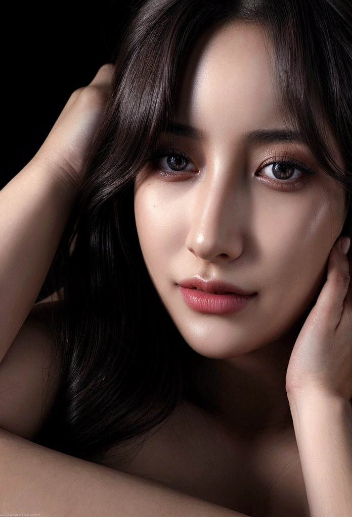 (8K, HDR, highres), ((((Photography, RAW photo, hyperrealism, masterpiece, best quality, ultra highres)))), (pin light, back light, backlighting, cinematic light), sharp focus:1. 4, (hyper detail, finely detailed), face close-up, close-up,
1girl, Oval-shaped face,
Large and pretty cat-like eyes with thick eyelashes,
Pointy nose,
Small and pretty but plump lips,
Thick eyebrows,
Long and pretty eyelashes,
Transparent makeup with a touch of pink blush and sparkling lip gloss,
Long wavy hairstyle,
