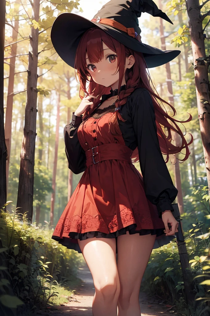 a cute witch with brown skin and red hair in the middle of a forest, short dress, dress with lace, witch hat, long hair, braided hair, black eyes