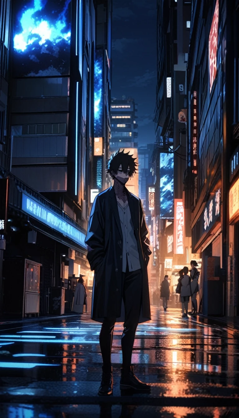 dabi standing in the distance on a tokyo street with blue flames burning around, sky scrapers in the distance, masterpiece, bestquality, night time, beautiful lighting, 