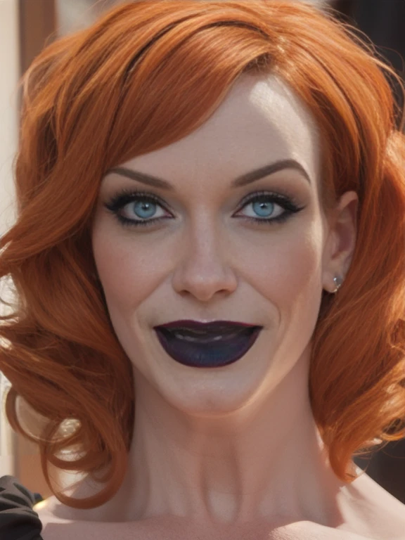 goth Christina Hendricks, 48 years old, orange wavy hair, pale white skin, black lipstick, black eyeliner, piersings, chubby, voluptuous, upper body
