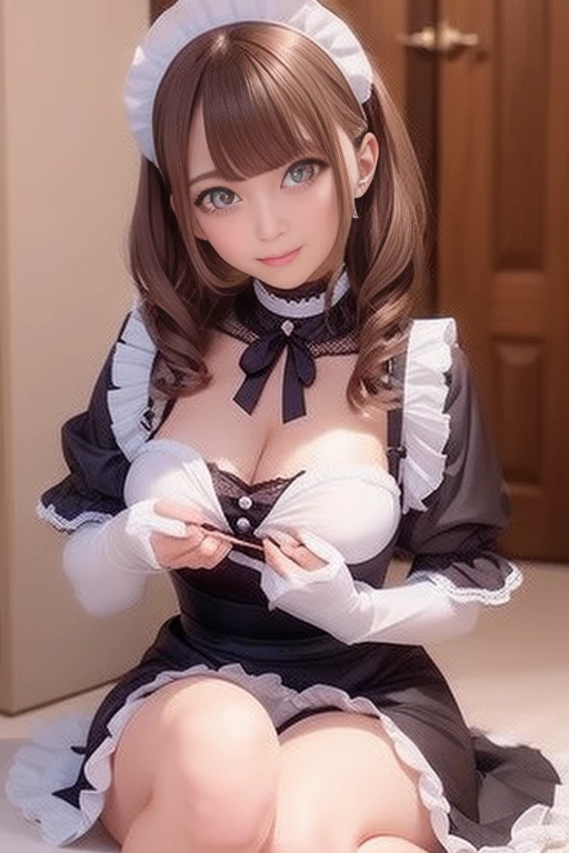 mini length maid clotheaid Costume、Cosplay Maid、Exposed maid outfit、Erotic Maid、1 naughty girl、stare、Shot to the knee、