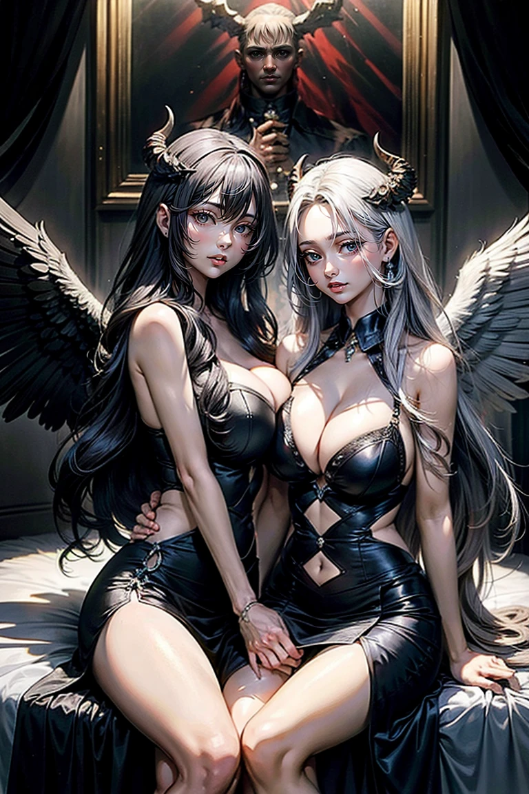 ((Highest quality)), ((masterpiece)), (detailed), Angel and devil facing each other、wing