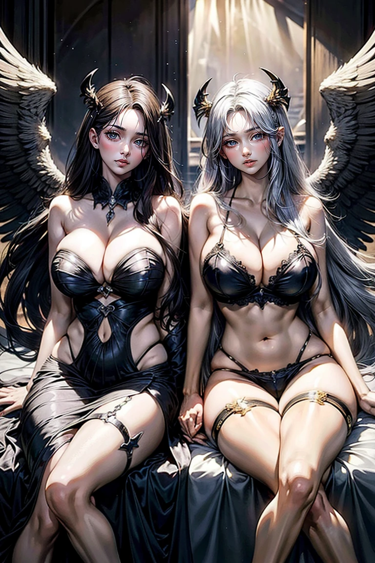 ((Highest quality)), ((masterpiece)), (detailed), Angel and devil facing each other、wing