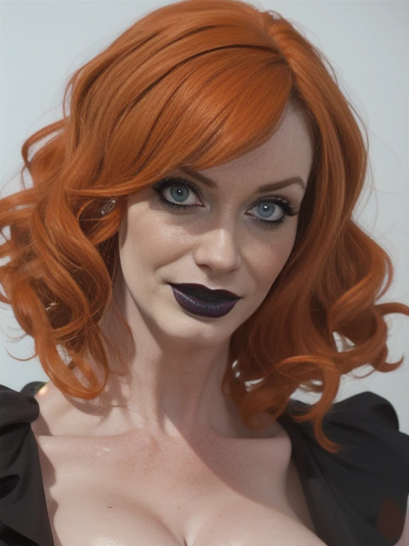 goth Christina Hendricks, 48 years old, orange wavy hair, pale white skin, black lipstick, black eyeliner, piercings', chubby, voluptuous, upper body
