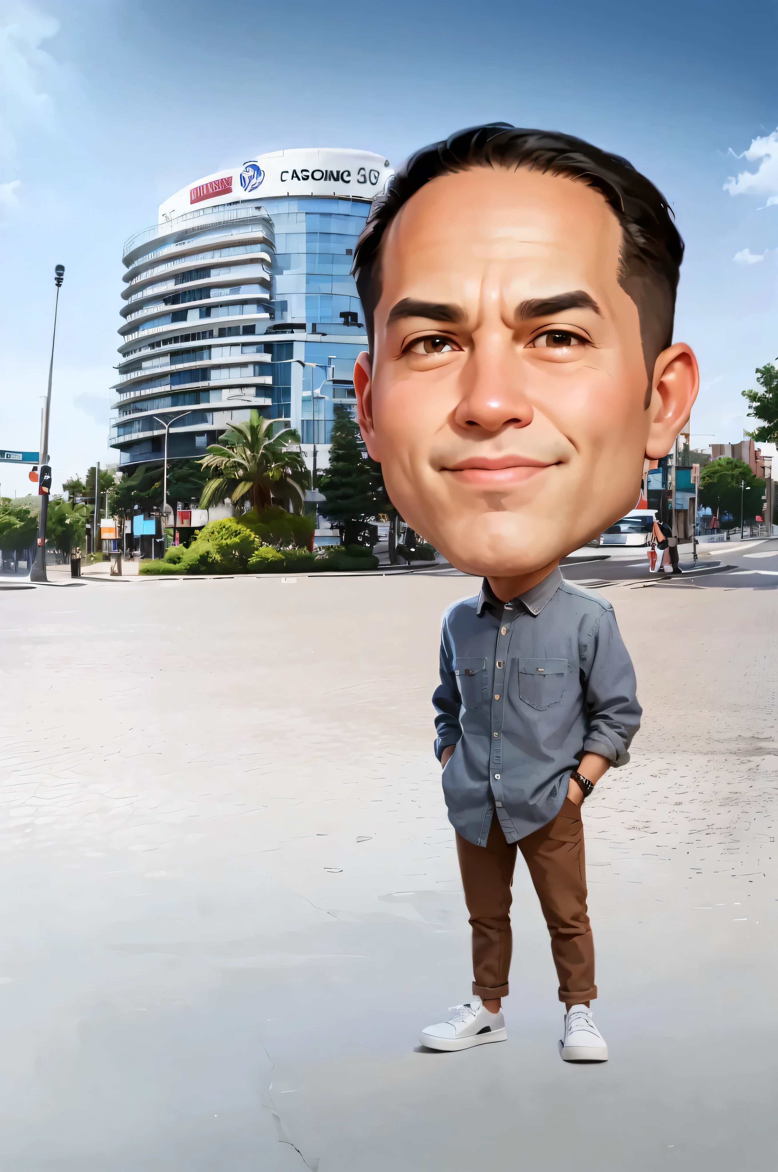 arafed man standing in front of a building with a large building in the background, caricature style, in cartoon style, big head, standing in a city center, chibi, caricature illustration, caricature!!!, caricature, digital art cartoon, cartoon artstyle, standing on street corner, with a big head, realistic cartoon, charicature, in city street, cartoon portrait