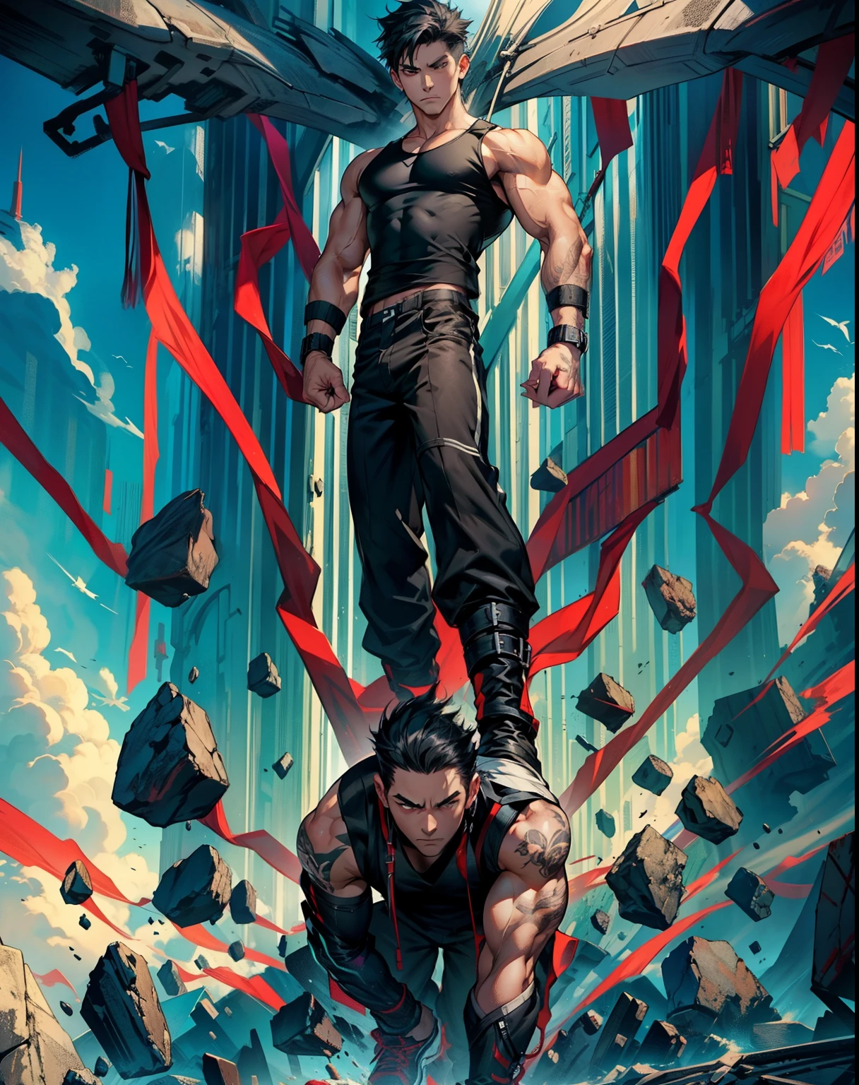 boys 26 Years old, Serious face, black sleeveless shirt, black pants, black hair, levitate on sky, blue sky, cloud