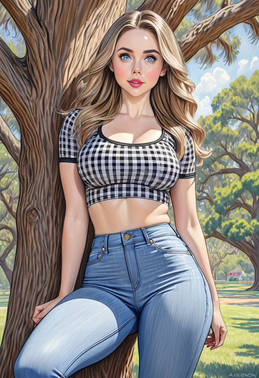 A colored pencil sketch of A beautiful woman, A gingham, skin tight spandex top, large heaving breasts, skin tight highrise jeans. curvy, thin-waist, wide-hips, swaying-hips, fit, healthy chiseled, vuluptious figure. mash up of Alison Brie, Sabrina Carpenter, Scarlett Johanson. She is sitting seductively under a live oak tree.
