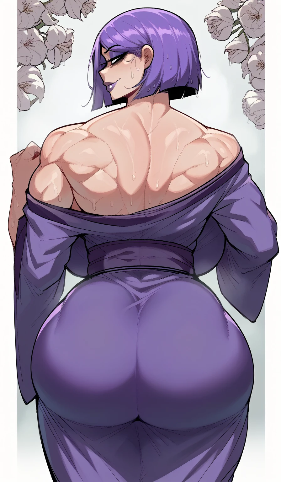 score_9, score_8_up, score_7_up, score_6_up, score_5_up, score_4_up, BREAK 1girl, ((muscular body:1)), intricate, kimono, (eyeliner:1.2), looking at viewer, bob hairstyle, purple hair, detailed background,huge breasts (masterpiece, high quality:1), backshot, looking at viewer, lustful smile, breeding intention, purple lipstick, muscular back, back pose, lily (Duolingo), undressed kimono showing back, dump truck ass, wet, sweating, ass focus, back focus.
