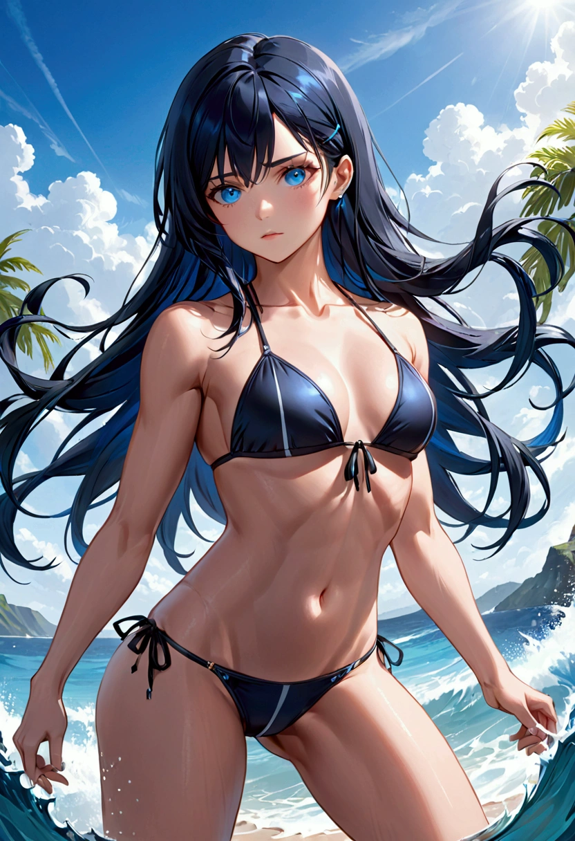 Adult female,long black blue hair, blue eyes,athletic body figure,bikini