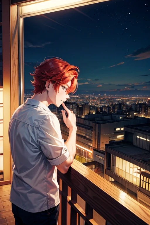 Redhead boy staring at a tokyo's neighborhood view in a balcony at night 