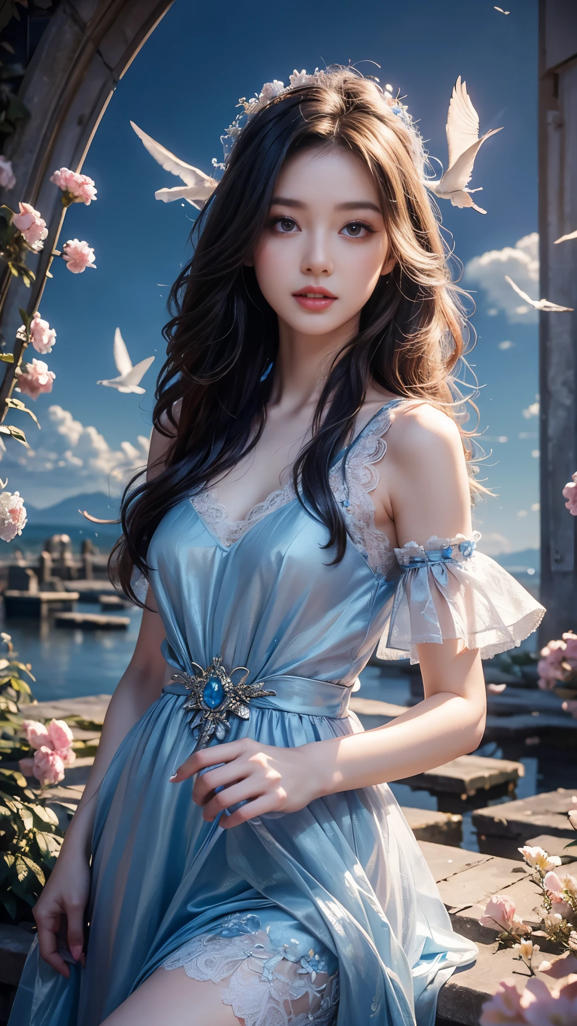 8K, UHD, masterpiece, 1 girl, good face, very long hair, detailed eyes, detailed lips, light makeup, small breasts, fairytale dress, blue dress, lace, stocking, in the cloud, cloudy sky, flowers, water, heaven, flying birds, dim lighting, realistic shadow, bloom, ray tracing,