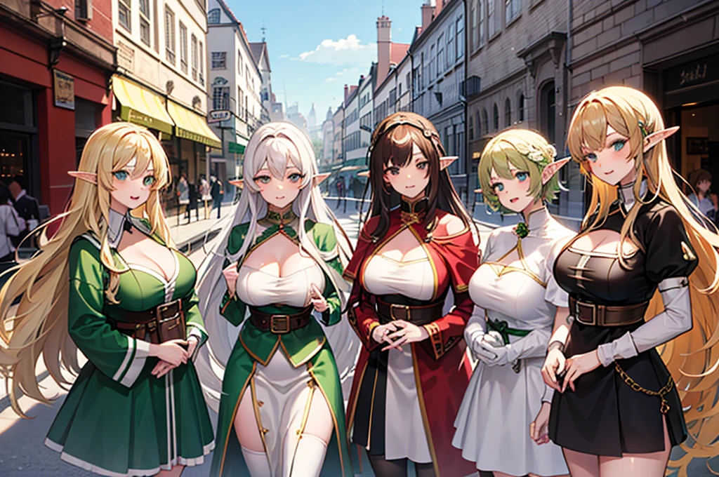 Four elf women, attractive, green, blonde, white and brown hair, big breasts, elves, medieval city anime.