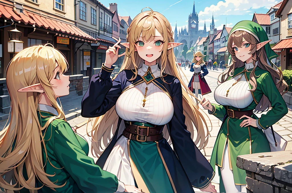 Four elf women, attractive, green, blonde, white and brown hair, big breasts, elves, medieval city anime.