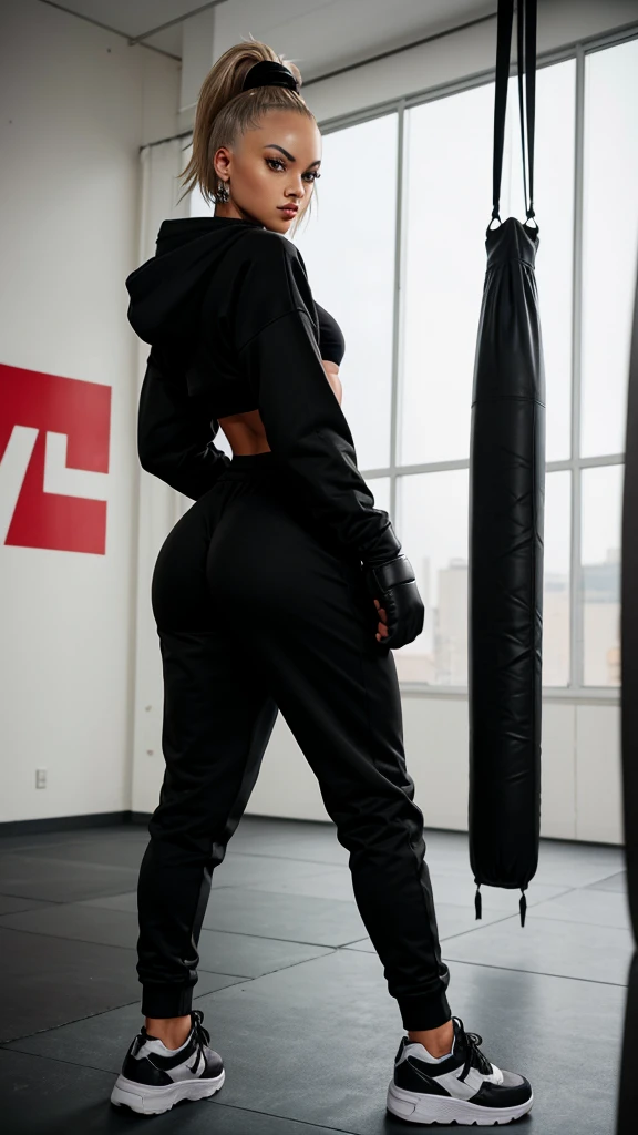 Alisha Lehmann skinny sexy model,She has no tattoo she is wearing big oversized baggy black hoodie big sweatshirt covering her breasts and stomach and big high waist oversized big baggy black sweatpants boxing gloves,in a gym she has small sexy breasts,skinny sexy thighs black hair ponytail with bangs,big silver hooves earrings black gloves, sneakers ,full body view, walking black hair skinny girl oversized big hoodie, oversized big sweatpants boxing gloves, punching gloves looking into the camera big oversized pants big sweatshirt wearing boxing gloves no tattoos