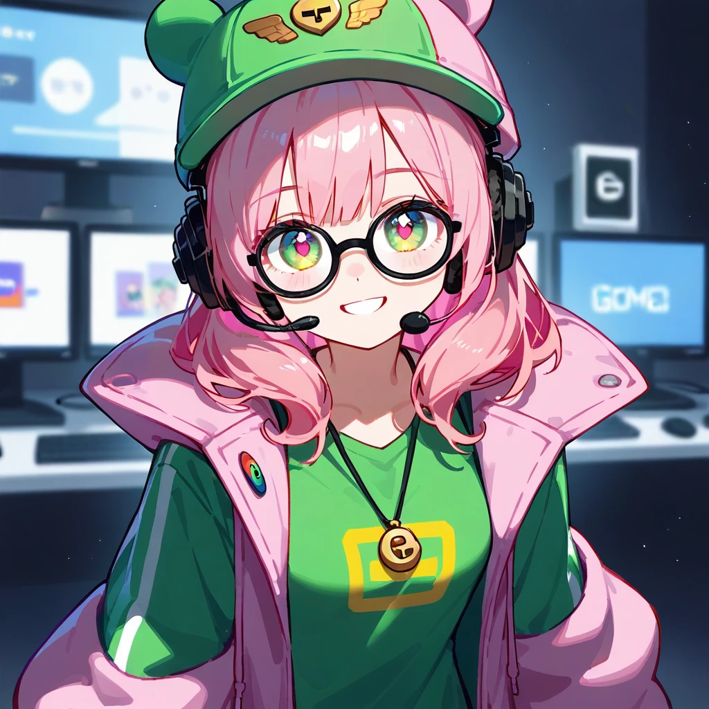 1girl, standing up, looking at viewer, hairstyle, gold rose accessories, green clothes, medium size breast, friendly, glasses, pale skin, gamer, cool, headset, Heartsteel style, pink hair, medium hair in front, long hair back, green clothes, pink coat, cool headset, rounded glasses, winged hat, gamer, 8k, humanization, looking at viewer, smile, attitude, solo, masterpiece, fully dressed, full resolution, high definition, portrait, cute eyes, cheerful, dynamic posse, elite, sneakers, pants