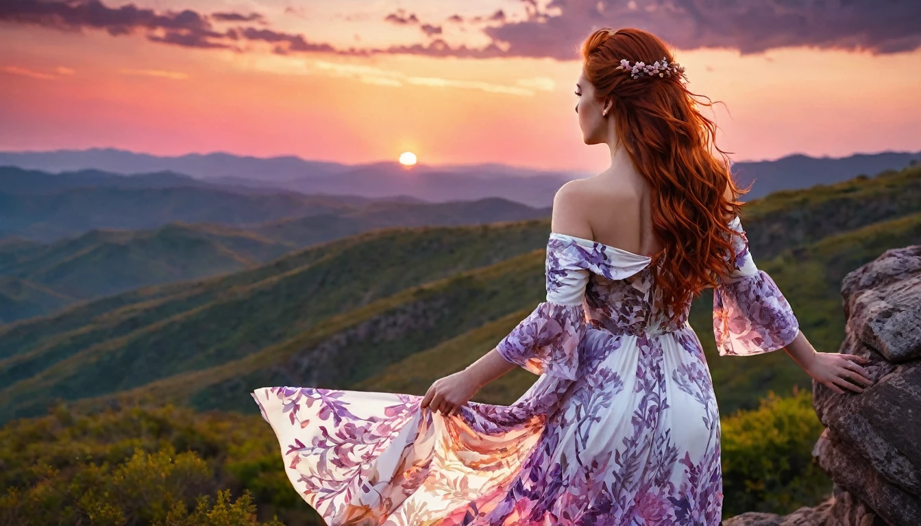 dramatic scene, a woman standing on a rocky terrain during sunset. view from behind, The style is highly detailed and realistic, with a focus on the dramatic sky and natural landscape. The woman has long, wavy red hair cascading down her back and is wearing a flowing, off-shoulder white dress with floral patterns. Her skin is fair, and she is gazing towards the horizon where the sun is setting behind distant mountains. The sky is a blend of deep purples, oranges, and pinks, creating a vibrant and serene atmosphere. Two birds are flying in the sky, adding to the sense of tranquility and freedom in the scene.