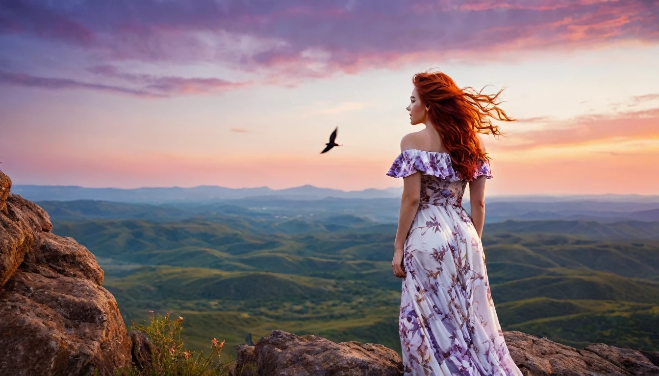 dramatic scene, a woman standing on a rocky terrain during sunset. view from behind, The style is highly detailed and realistic, with a focus on the dramatic sky and natural landscape. The woman has long, wavy red hair cascading down her back and is wearing a flowing, off-shoulder white dress with floral patterns. Her skin is fair, and she is gazing towards the horizon where the sun is setting behind distant mountains. The sky is a blend of deep purples, oranges, and pinks, creating a vibrant and serene atmosphere. Two birds are flying in the sky, adding to the sense of tranquility and freedom in the scene.
