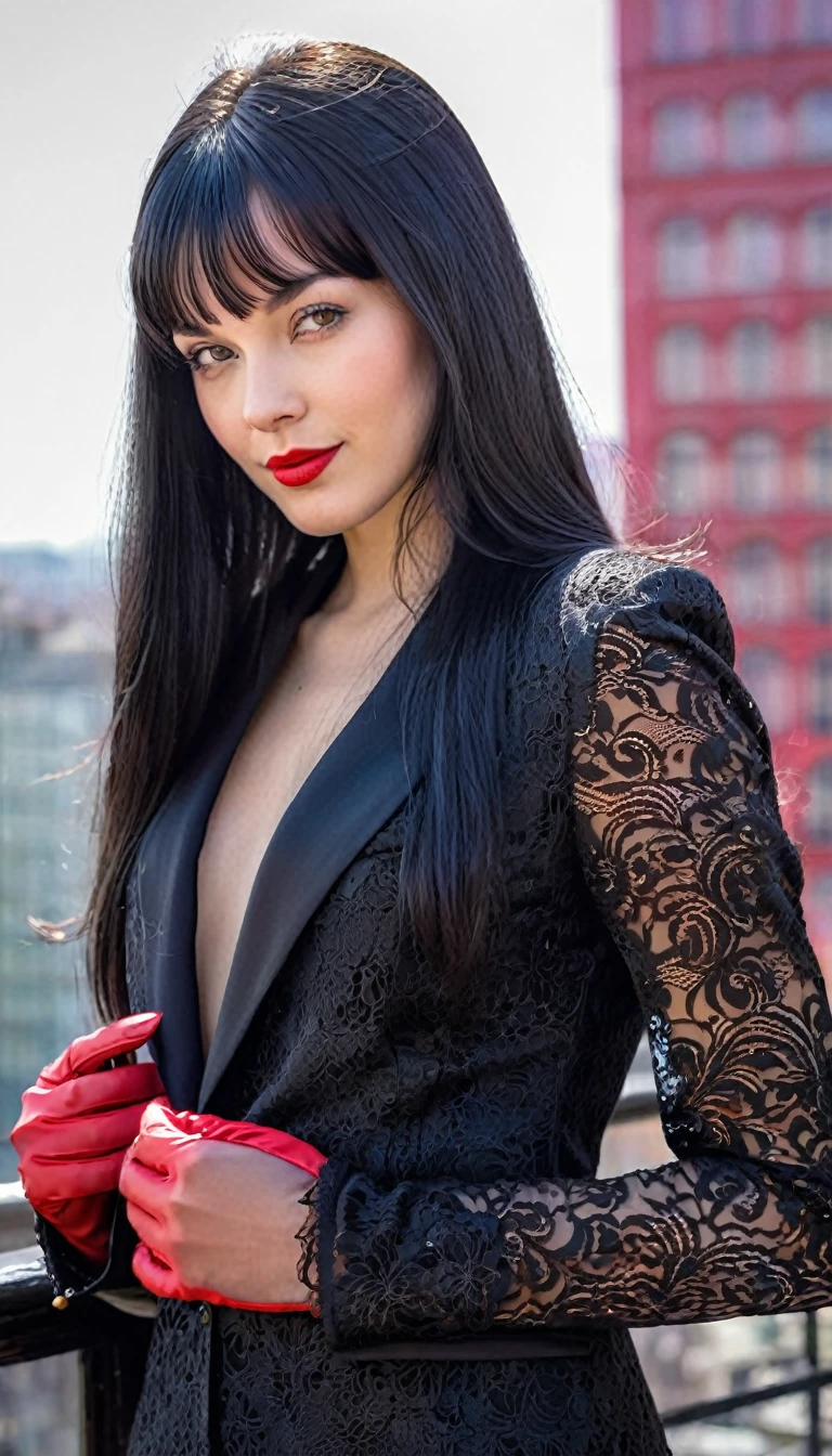 High-quality realistic acrylic art, vivid colors, lateral point of view, a beautiful vintage european woman with long black straight hair, bangs, looking at the viewer with suspicious face and a shy smile, red lips, (((she wears vintage black lace suit, lace gloves))), big city background