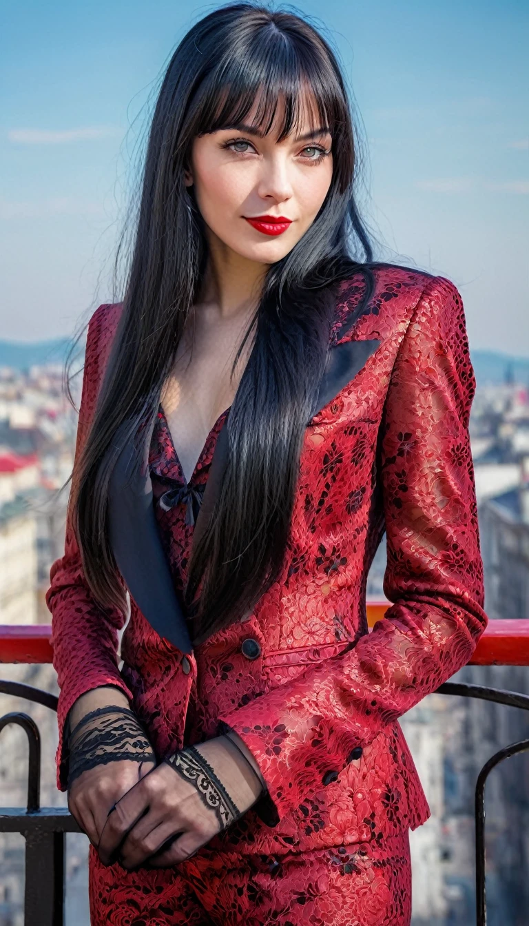 High-quality realistic acrylic art, vivid colors, lateral point of view, a beautiful vintage european woman with long black straight hair, bangs, looking at the viewer with suspicious face and a shy smile, red lips, (((she wears vintage black lace suit, lace gloves))), big city background