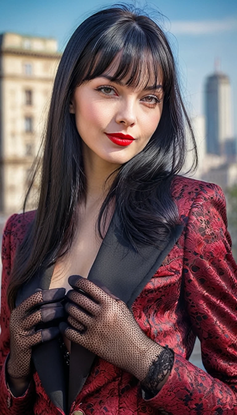 High-quality realistic acrylic art, vivid colors, lateral point of view, a beautiful vintage european woman with long black straight hair, bangs, looking at the viewer with suspicious face and a shy smile, red lips, (((she wears vintage black lace suit, lace gloves))), big city background