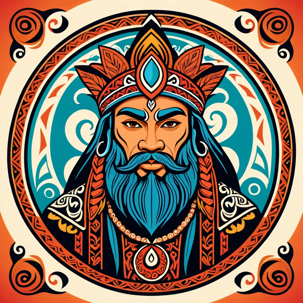 wizard in maori folk outfit, vector graphics, strong contours, logo design, colorful
