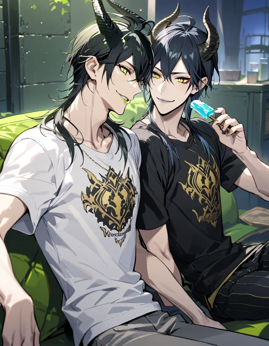 masterpiece, best quality, extremely detailed, anime , upper body, ((2boys)), BL, male focus, ikemen:1.5, looking at each other, holding ice candy, T-shirt, short sleeves, room, sitting on sofa,full body, malleus draconia (twisted wonderland) horns, bishounen, boy, male, yana Toboso style, long hair, black hair, yellow green eyes, smile, gray lips, handsome, skinny, tall, yellow green glow,AddXL