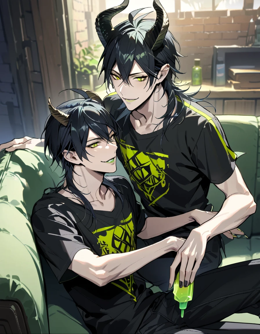 masterpiece, best quality, extremely detailed, anime , upper body, ((2boys)), BL, male focus, ikemen:1.5, looking at each other, holding ice candy, T-shirt, short sleeves, room, sitting on sofa,full body, malleus draconia (twisted wonderland) horns, bishounen, boy, male, yana Toboso style, long hair, black hair, yellow green eyes, smile, gray lips, handsome, skinny, tall, yellow green glow,AddXL
