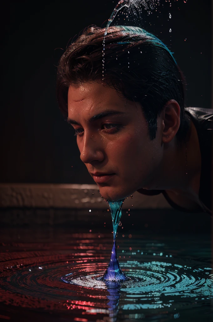 @~:3d rendering of the word "Aron Marasai" with water splash/correct spelling/, photoshop water art, red color, purple blue green, dark background, normal, graphic artist, photorealistic, 3d graphics, 3d graphi