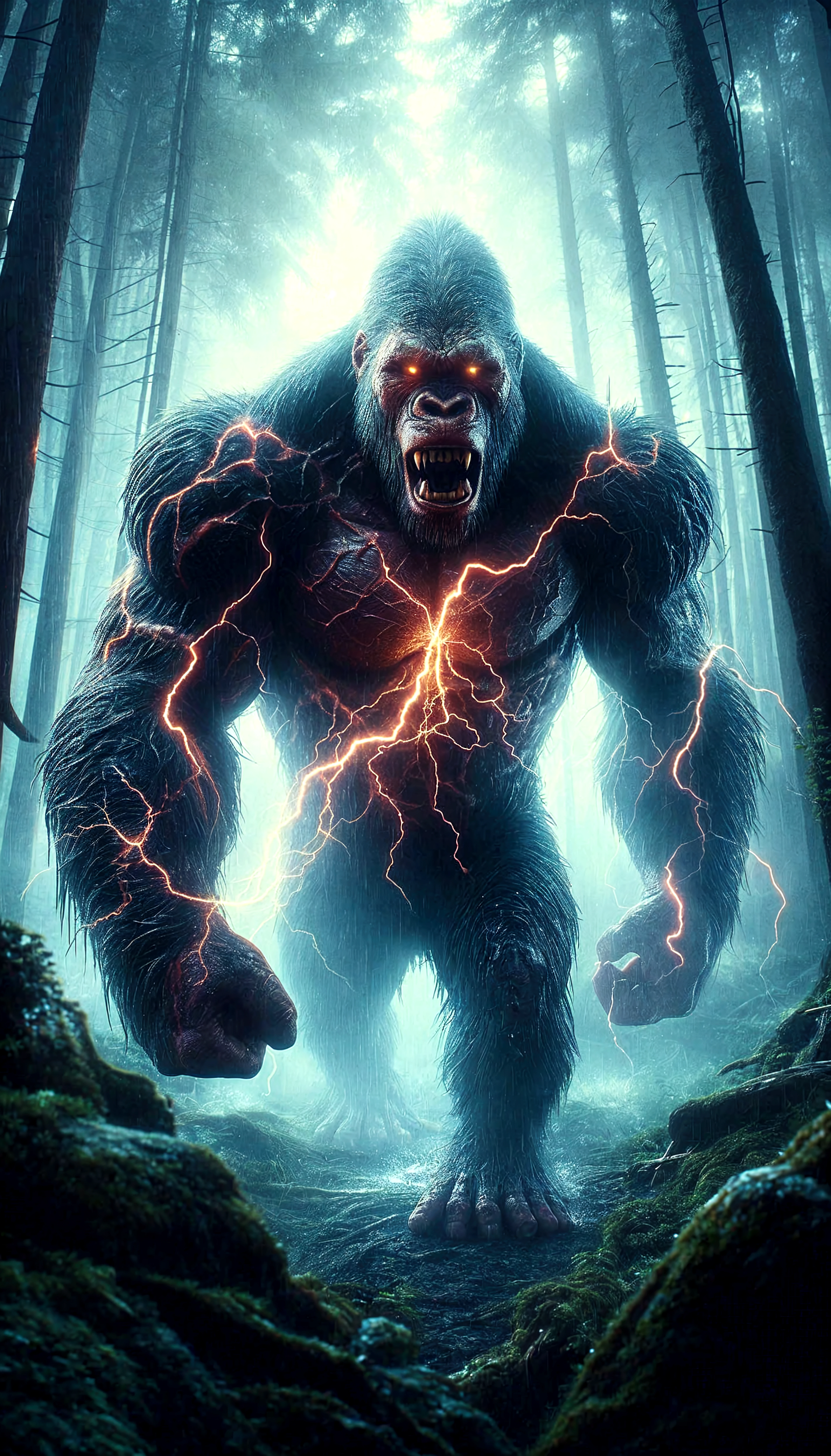 detailed Digital art, Magical Sasquatch of Fortitude with Bewitching parts, Thunderstorm, Wide view, avant-garde, trending on CGSociety, <lora:ral-barbwire:1> ral-barbwire