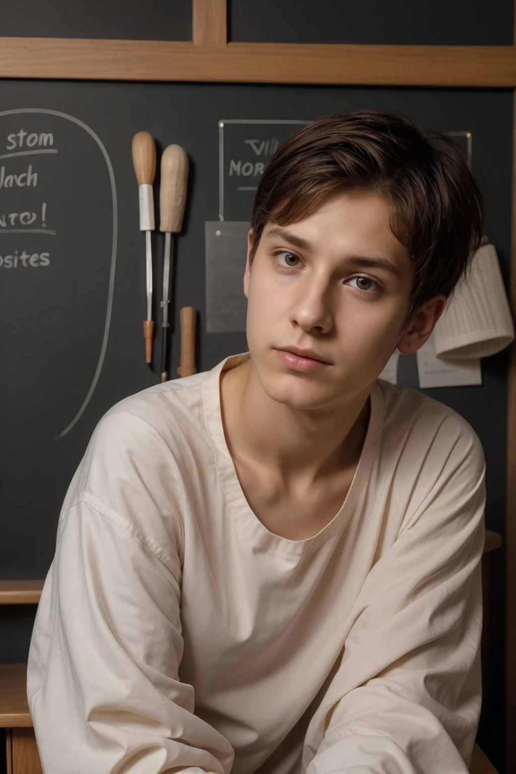 A beautiful young male twink, cute, with black hair and a face with makeup, wearing a bright white long-sleeved shirt and aqua blue pants, and he is in his office, and behind him is a blackboard on which is written the shape of the brain and its anatomy, and nuclear energy comes out of it, and he has a face with makeup and and.  His eyes have dark circles under them and he is sitting, looking innocent, with a beautiful face with makeup and a magic wand in his hand
