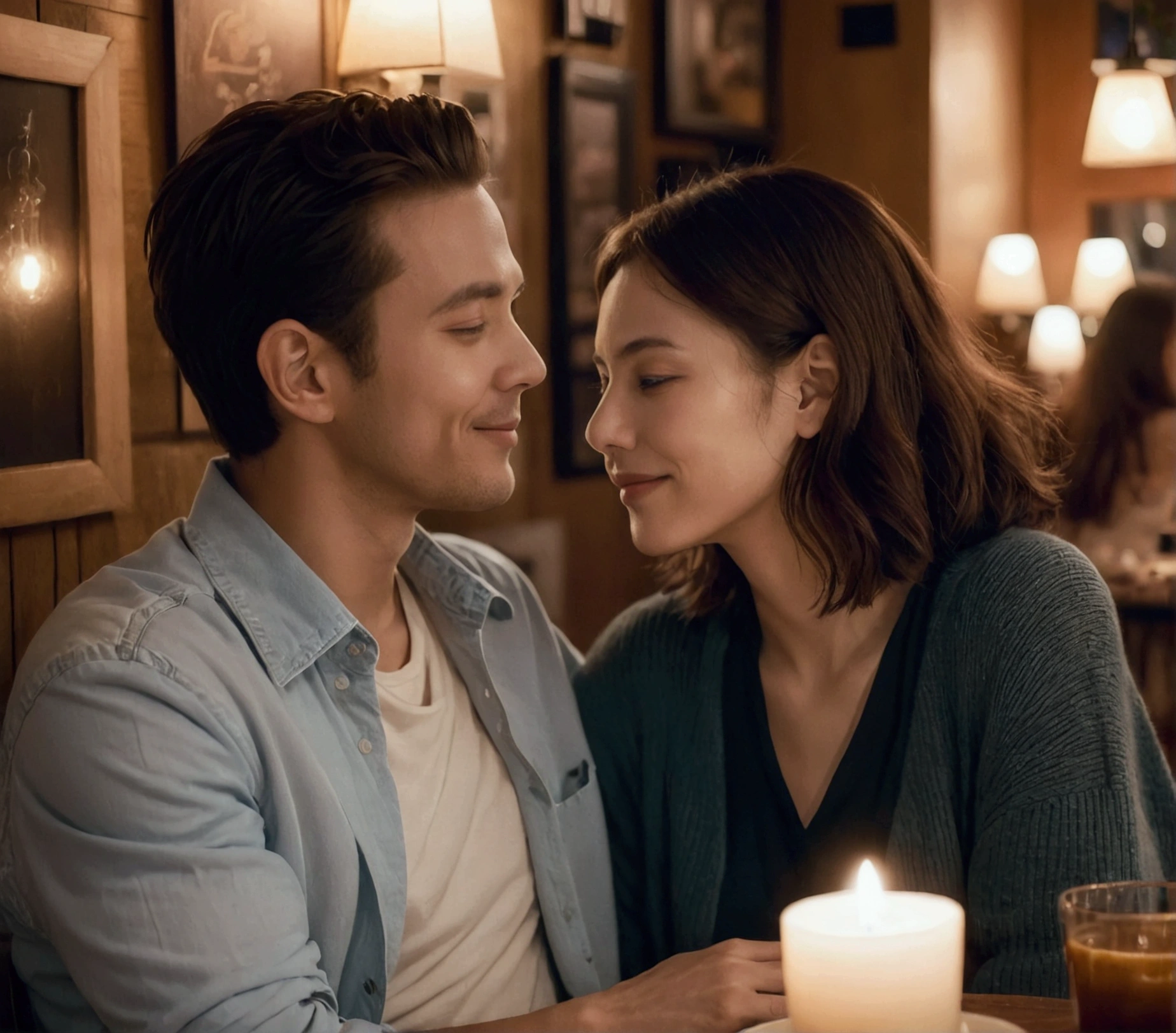 A medium shot of a couple enjoying romantic jazz songs in a cozy cafe, surrounded by warm, inviting decor, soft candlelight creating an intimate atmosphere, in the evening, shot with a Sony A7R IV, 50mm f/1.4 lens, rich sepia tones