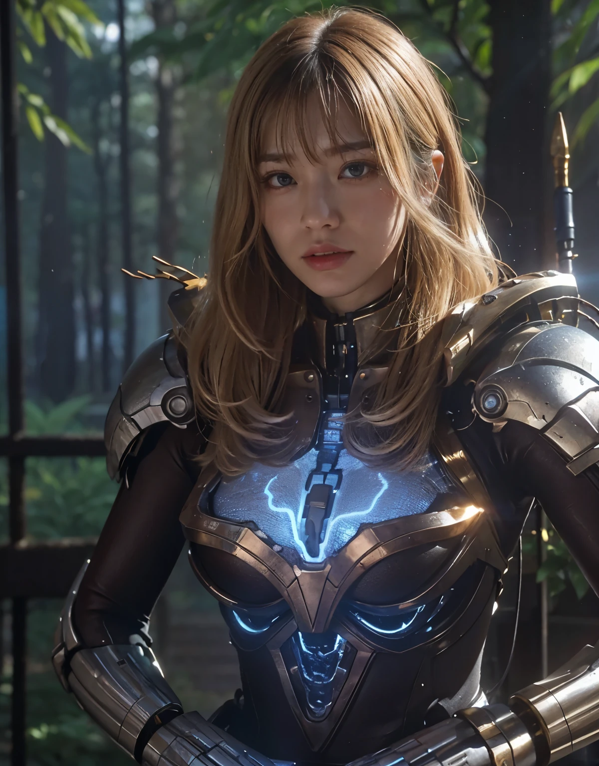 ((battle with monsters))、highest quality、masterpiece、超A high resolution、(Photoreal:1.4)、Raw photo、1 girl、golden hair、glowing skin、(((1 Mechanical Girl)))、with a beautiful knife、（blue metal bodysuit）、(beautiful forest background)、(battle with monsters)、(Small LED)、((Ultra realistic details))、Portrait、(Strong Huge Monster Background),global illumination、Shadow、octane rendering、、super sharp、Huge 、Raw skin exposed in cleavage、metals、intricate decorative details、Japan details、very intricate details、realistic light、 Society Trends、red eyes、shining eyes、towards the camera、Neon detailed mechanical limbechanical vertebrae attached to the back of the blood vessels connected to the tubes、cervical vertebrae mechanically attached to the neck、(Wires and cables connecting to the head)、Gundam、Small LED、,mechanical thighs、two stock、（Hands are also made of machines）、（Attack of the monsters）、（injured in a deadly fight）、