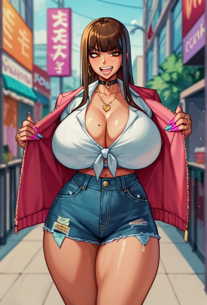 Score_9, score_8_up, score_7_up, score_6_up, score_5_up, score_4_up, source_anime,  solo, 1girl, 30-years-old, whore, prostitute, gyaru mama, nishizumi shiho prostitute exhibitionist enormous massive gigantic big large fake breasts 