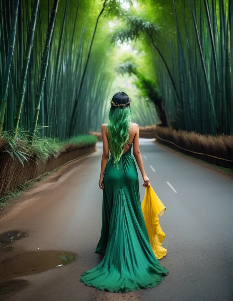 quality(8k wallpaper of extremely detailed CG unit, ​masterpiece, hight resolution, top-quality, top-quality real texture skin,hyper realisitic, digitial painting,increase the resolution,RAW photos，best qualtiy,highly detailed,the wallpaper),BREAK,8K, she walking away, shot from back, long messy green hair, long yellow dress,  road, bamboo forest, 