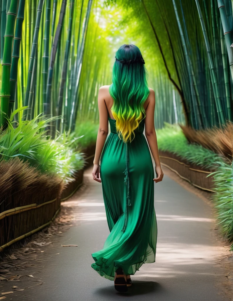 quality(8k wallpaper of extremely detailed CG unit, masterpiece, hight resolution, top-quality, top-quality real texture skin,hyper realisitic, digitial painting,increase the resolution,RAW photos,best qualtiy,highly detailed,the wallpaper),BREAK,8K, she walking away, shot from back, long messy green hair, long yellow dress, road, bamboo forest,