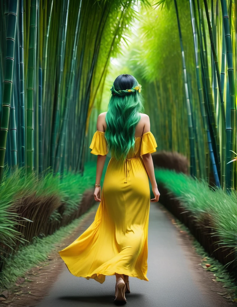 quality(8k wallpaper of extremely detailed CG unit, ​masterpiece, hight resolution, top-quality, top-quality real texture skin,hyper realisitic, digitial painting,increase the resolution,RAW photos，best qualtiy,highly detailed,the wallpaper),BREAK,8K, she walking away, shot from back, long messy green hair, long yellow dress,  road, bamboo forest, 