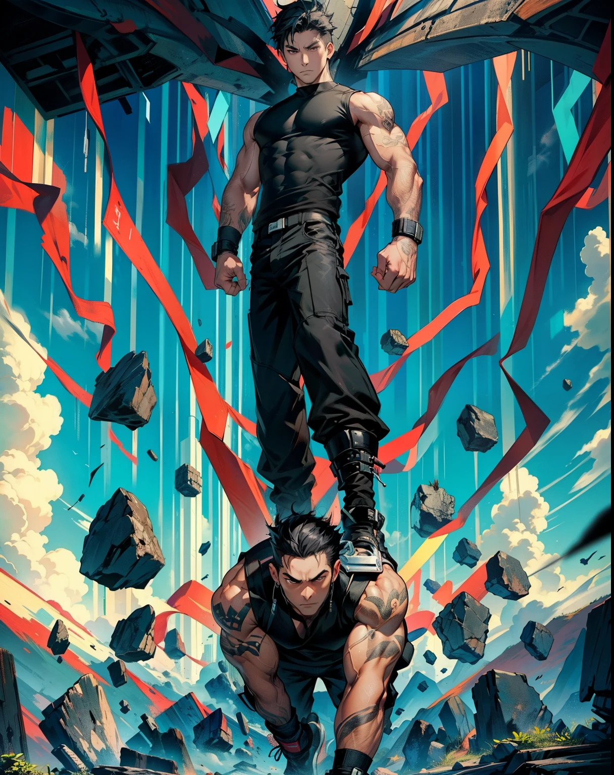 boys 26 Years old, Serious face, black shirt, sleeveless, black pants, black hair, levitate on sky, blue sky, cloud