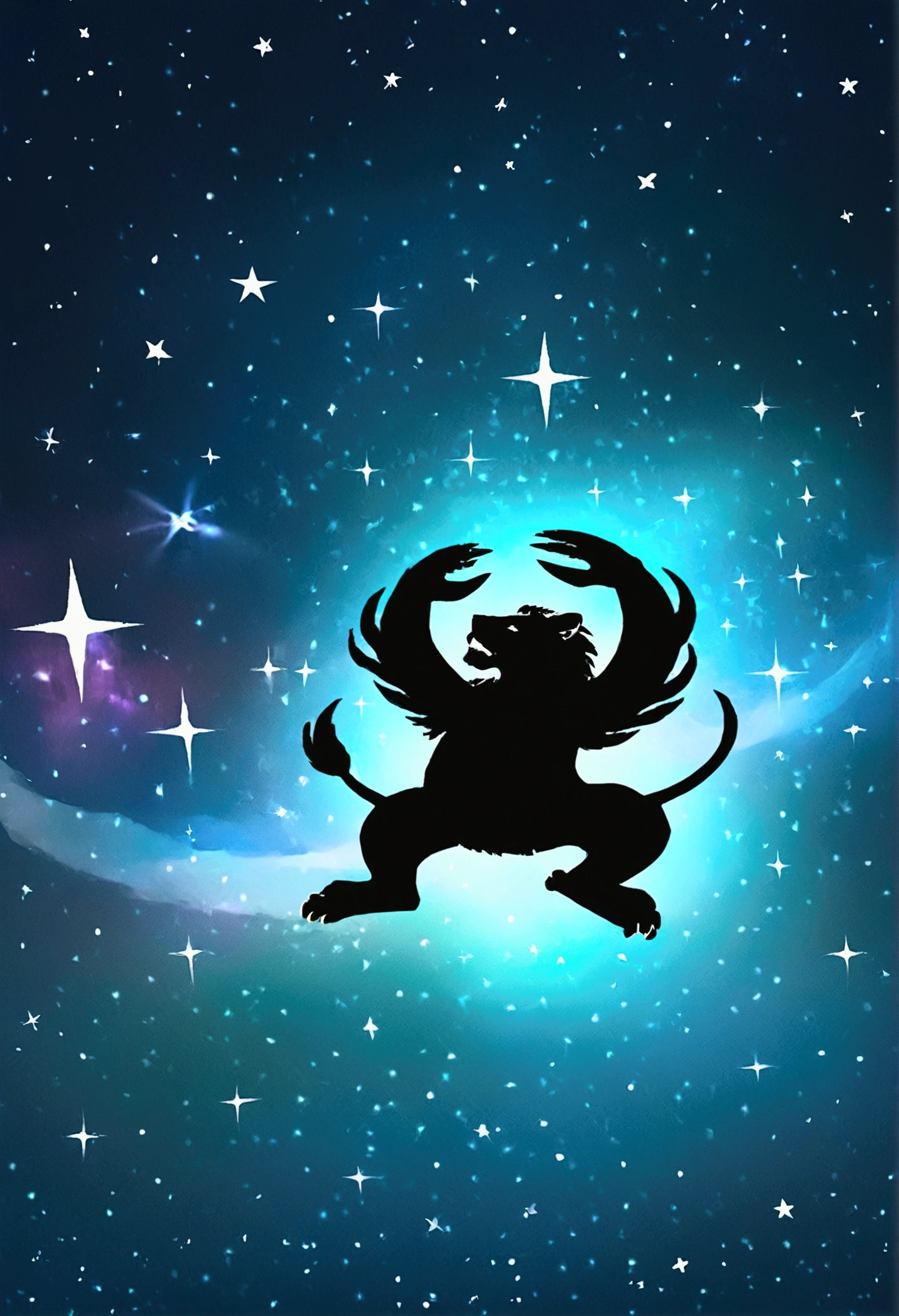 a lion silhouette (stylized) composed by bright stars. Cosmic background
