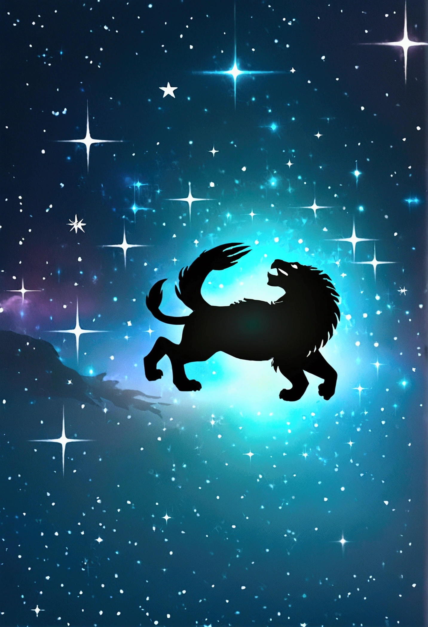 a lion silhouette (stylized) composed by bright stars. Cosmic background