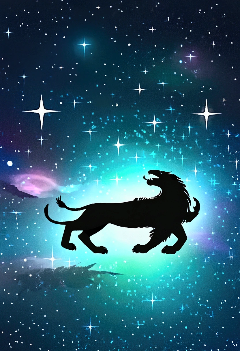 a lion silhouette (stylized) composed by bright stars. Cosmic background