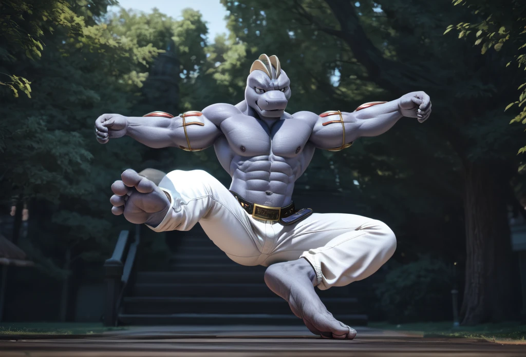 (((Barefoot furry character, full body, cinematic setting, furry male, plantigrade))) 

(((Machoke))) as Capoeira fighter, ((pokemon, long white pants, training Capoeira, in the park)), jump, kick

blue body, bara:0.5

BREAK, intricate details, highly detailed, extreme detail, octane render, fine art, best quality, highres, (detailed face:1.5), ((full_body)), UHD, (((perfect hands))), (((perfect feet))), low light