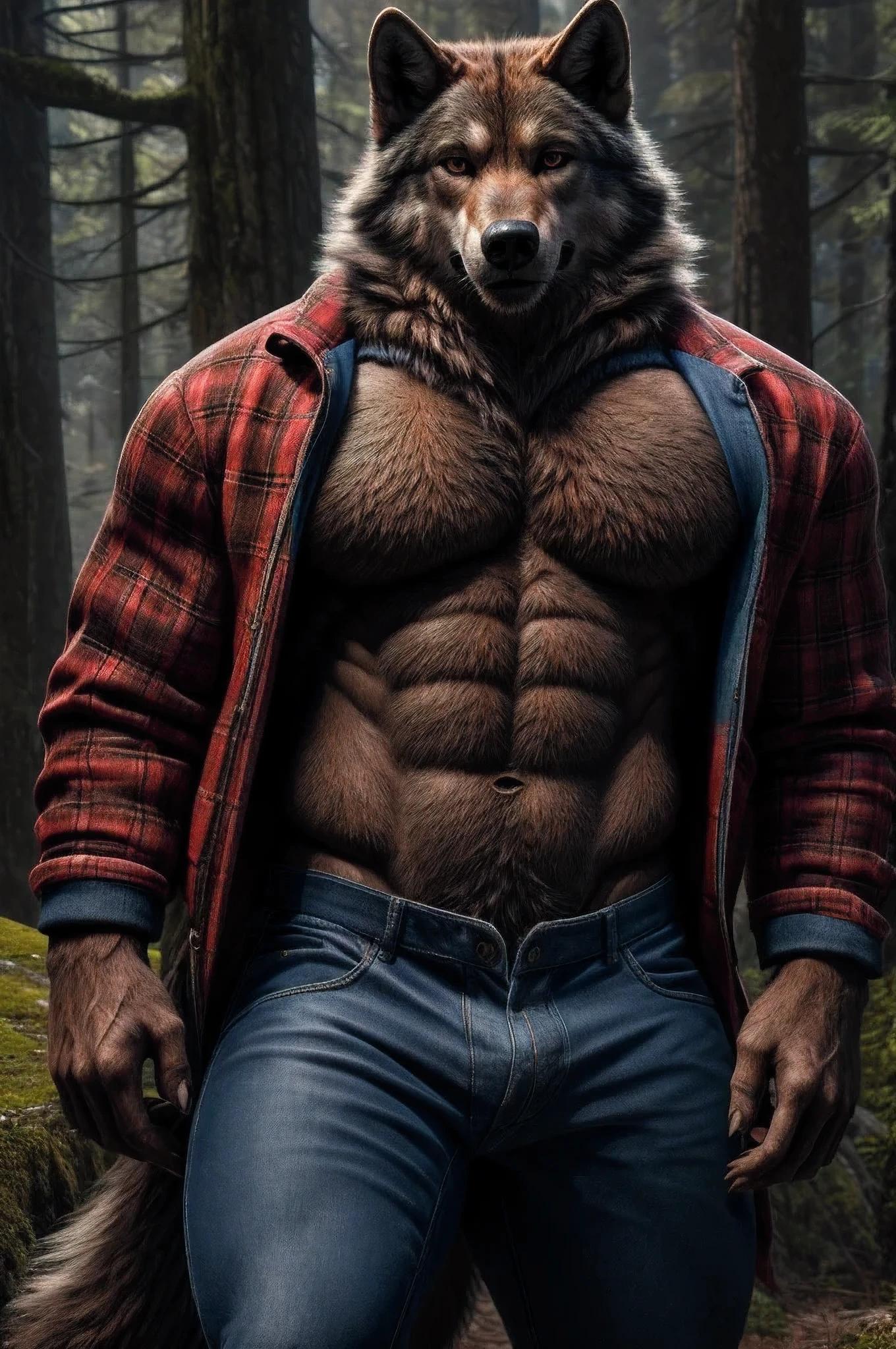 (full body shot), (realistic style), (furry), (humanoid), male wolf, full body brown fur, brown eyes, perfect muscular body, and biggest muscles, biggest pecs, and biggest thighs, wearing blue jeans and red plaid jacket, no shirt, realistic forest background