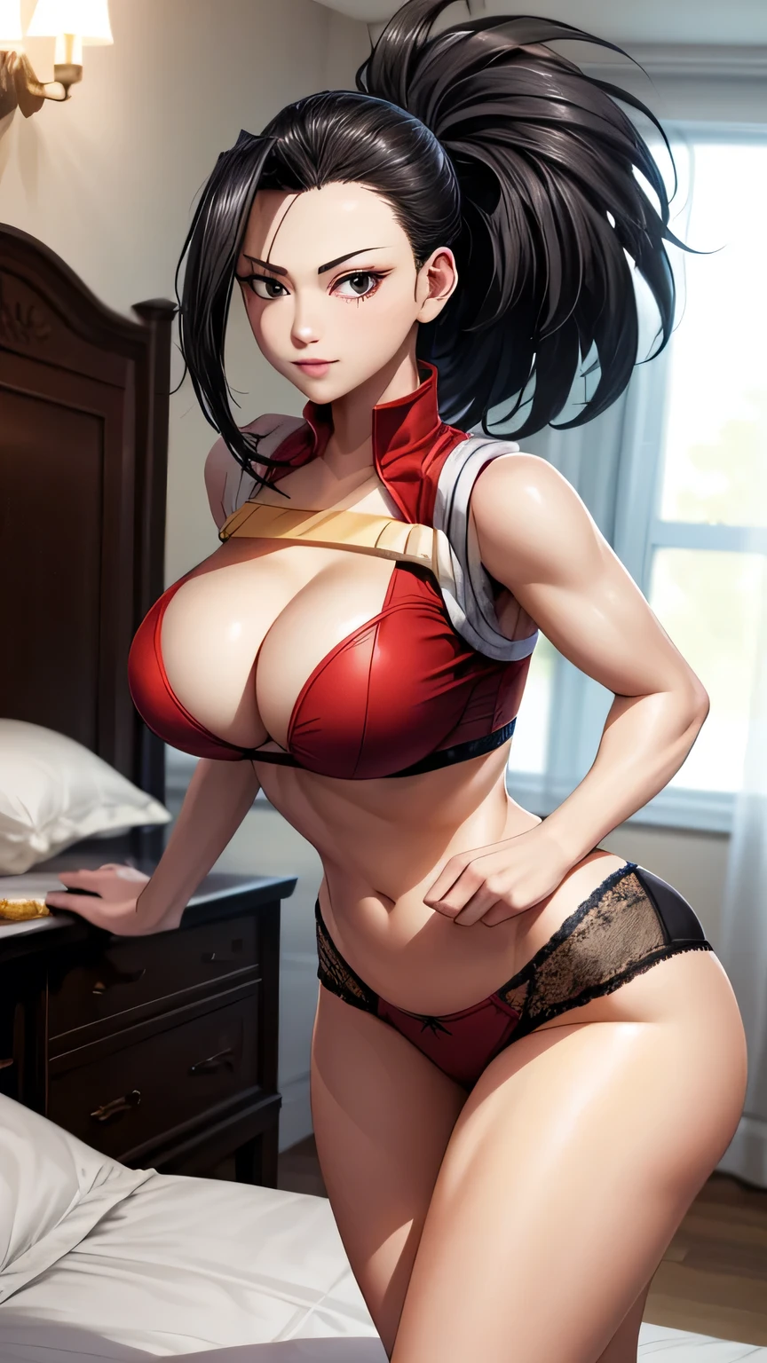 big breasts, 1girl, ((Momo Yaoyorozu)) ((boku no hero)) She has an extremely sexy body, with full breasts and a thin waist, and extremely sexy body, sexy and bold lingerie, has a youthful appearance, quality, realistic, best quality, sexy position, night, bedroom