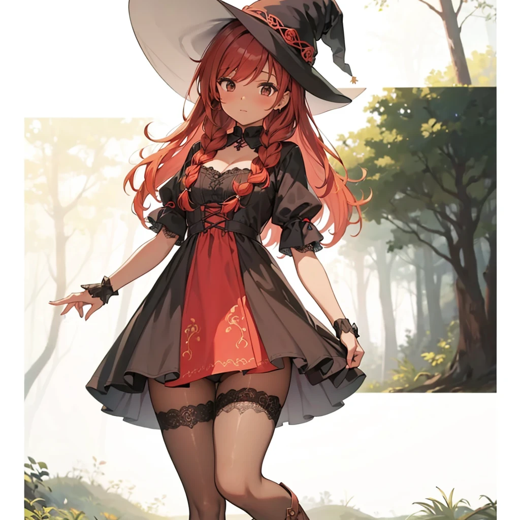 a beautiful witch with brown skin and red hair in the middle of a forest, short dress, black dress , lace dress, witch hat, long hair, braided hair, black eyes, full body, boots, pantyhose, lace underwear, sexy