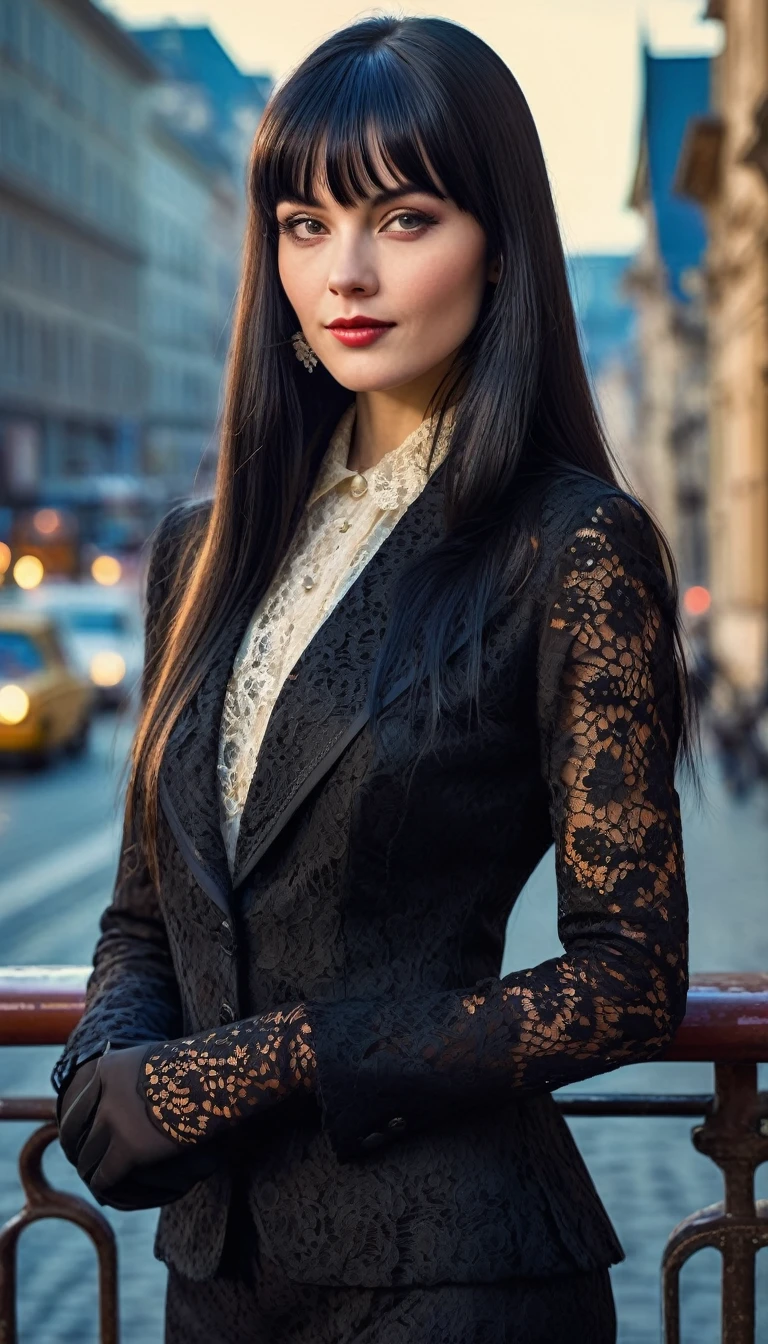 High-quality realistic acrylic art, vivid colors, lateral point of view, a beautiful vintage european woman with long black straight hair, bangs, looking at the viewer with suspicious face and a shy smile, (((she wears vintage black lace suit, lace gloves))), big city background