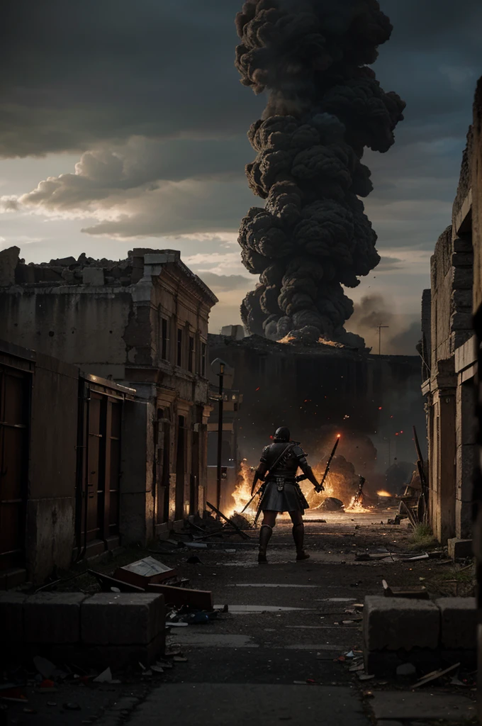 The Roman Empire in Chaos
Setting: A ruined Roman city with ruined buildings, smoke in the distance, and barbarian soldiers in the streets.
Activities: Soldiers in various outfits from various foreign tribes, Romans, and Barbarians, showing battle or chaos.
Colors: Dark colors such as grey, black, and red, symbolize destruction and chaos. Make this an extreme cinematic 8K long shot