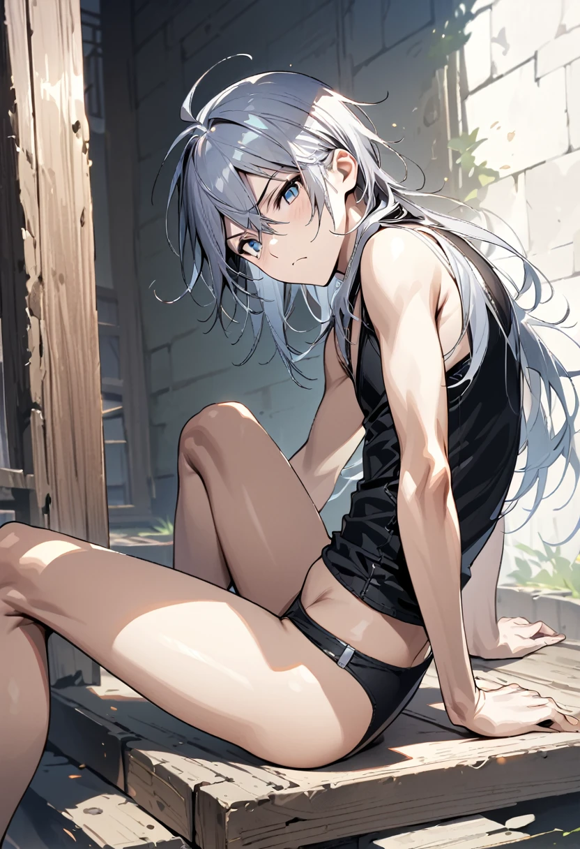 absurdres, highres, ultra detailed, super fine illustration, best quality, 1boy, perfect anatomy, male focus, solo, (dark-skinned:0.8) male, silver hair, long hair, black bikini, bare shoulders, bare arms, bare legs, &lt;lora:_L2090:-0.6&gt; &lt;lora:flat:-0.2&gt;