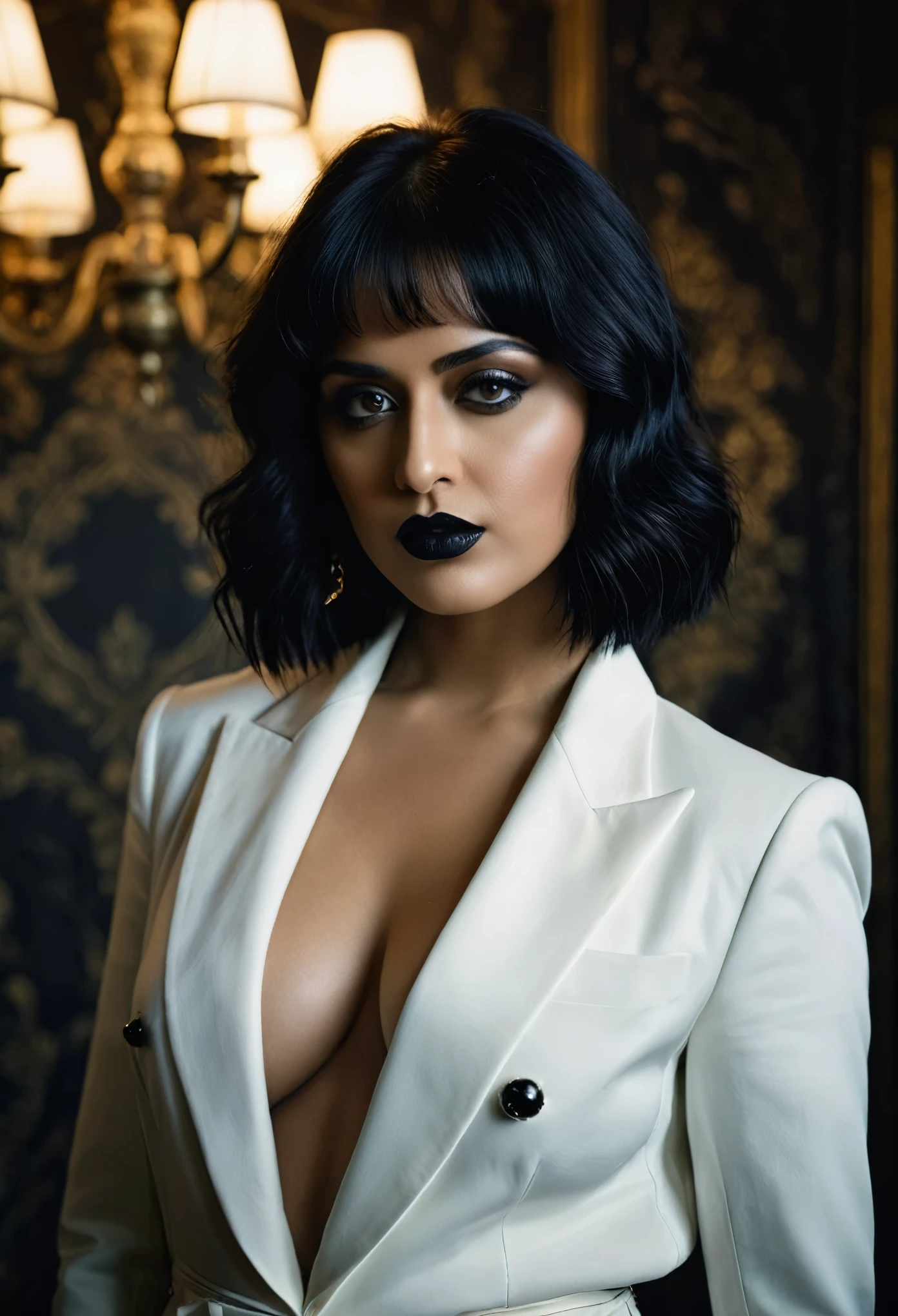 Looks like Anushka Shetty, sexy outfit, thick figure, bulky figure, ((Master piece, very realistic, best quality, highly detailed, Frontal view, DELICATE, PORTRAIT, WOMAN 36yo, AESTHETIC)) shallow depth of field, realism, photography, good proportions, narrow depth of field, tilt shift look, bokeh, anamorphic look, cinematic, dark and moody, ((a pale white complexion MODE with short WHITE color hair and bangs and smokey eye makeup, BLACK lips)), wearing black fashion designed by Rick Owens, a dark photograph by Tim Walker and Tom Hoops and Matt Mahurin, a dark liminal space, a desolate seedy hotel room with peeling wallpaper and black painted walls, symbolism, primordial fluids, uneasy feeling, dark occult imagery, melancholic ((very aesthetic))